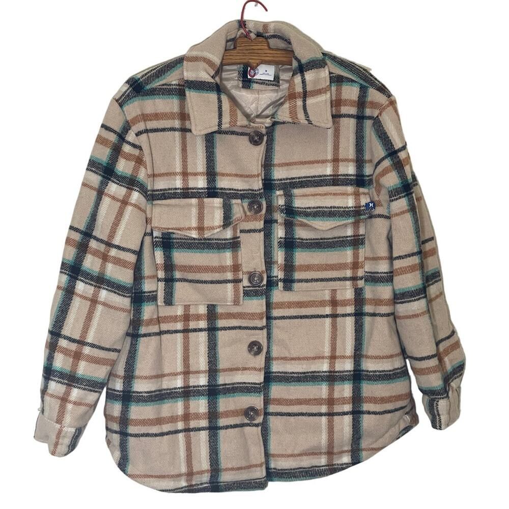 Hurley Lined Jacket Heavy Flannel Brown/Tan Plaid Button Down Shirt Men Warm M